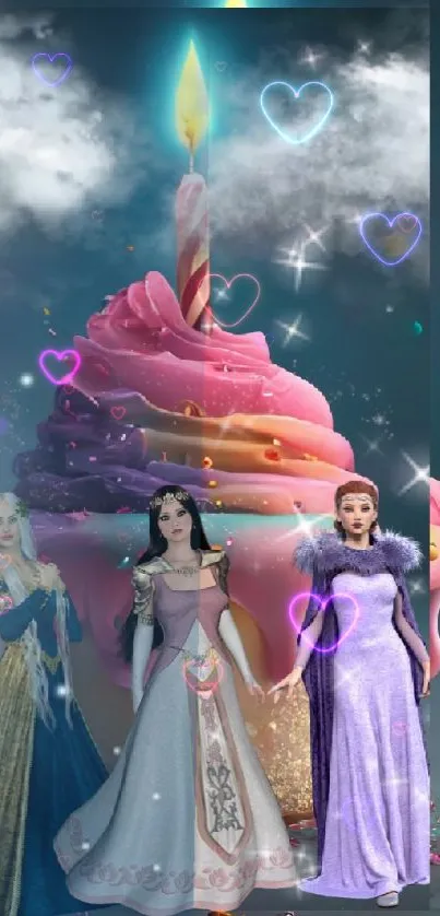 Fantasy wallpaper with princesses and cupcake candle.