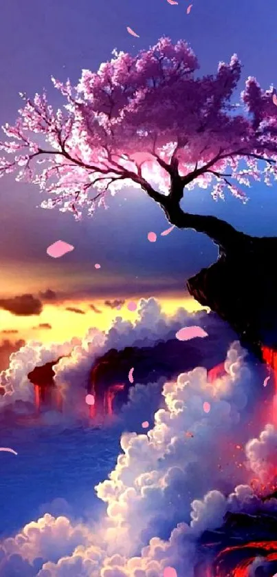 Fantasy scene with blossoming tree on a cliff overlooking landscape.