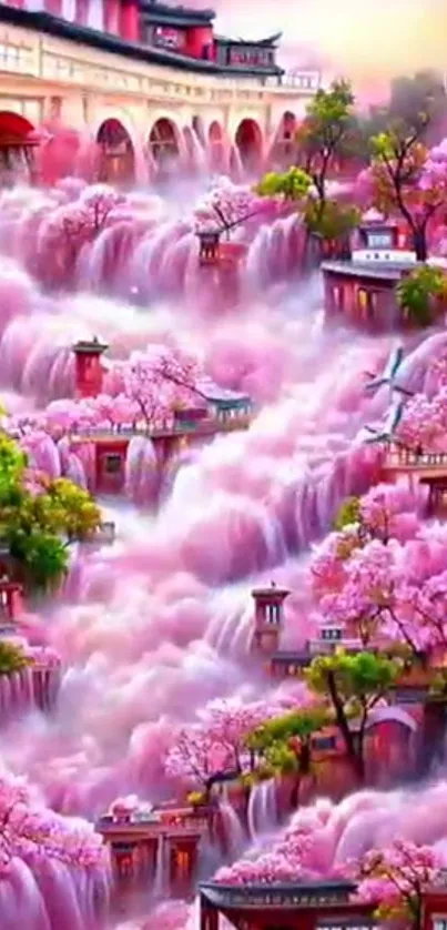 Enchanting fantasy scene with pink cherry blossom waterfalls.