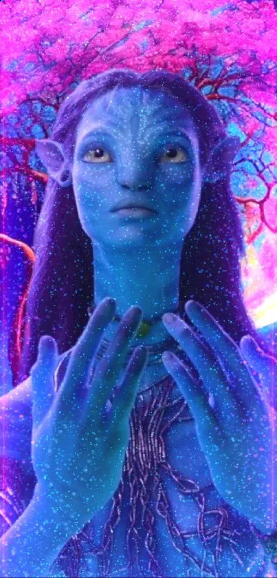 Fantasy Avatar with blue skin and colorful background, featuring a mystical tree.