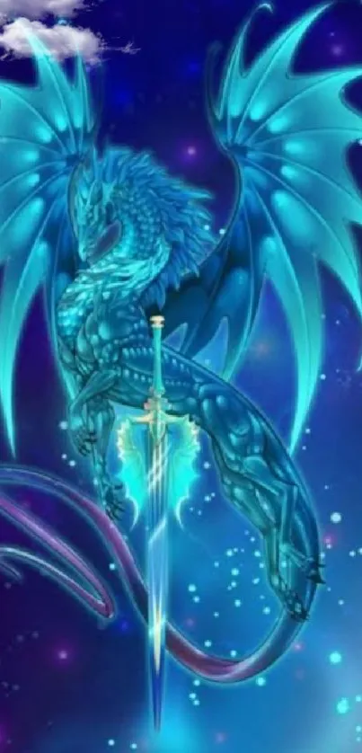 Blue dragon with a sword on a cosmic background wallpaper.