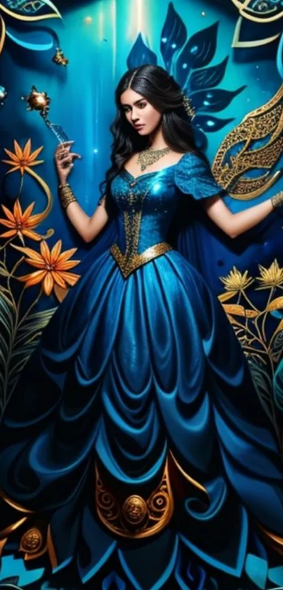 Fantasy artwork of a woman in a blue gown with gold details amidst floral designs.