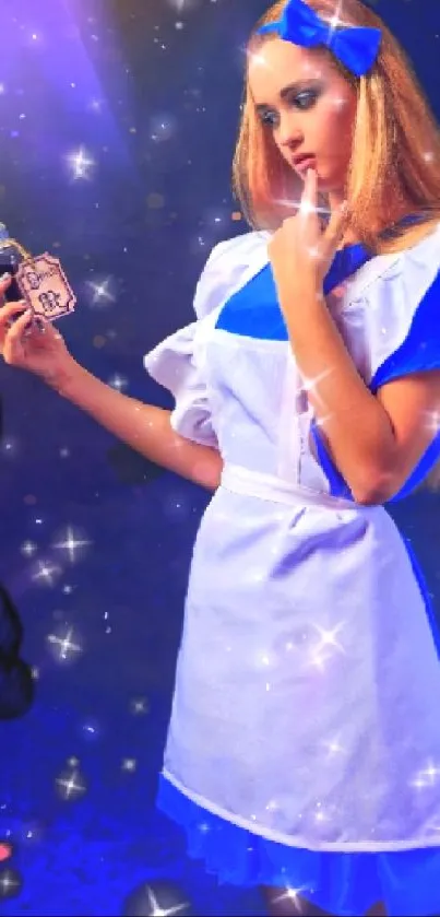 Woman in blue dress with starry background reflecting.