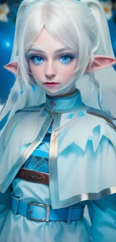 Fantasy blue elf in mystical attire on blue background.