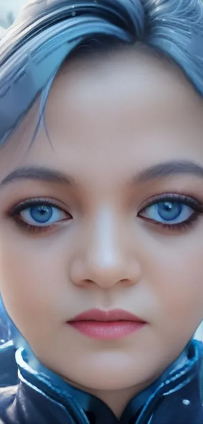 Blue-eyed fantasy character portrait with artistic details.