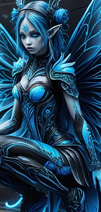 Fantasy blue fairy with wings in intricate digital art.