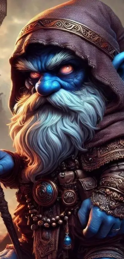Fantasy gnome warrior with blue details in a mystical setting.