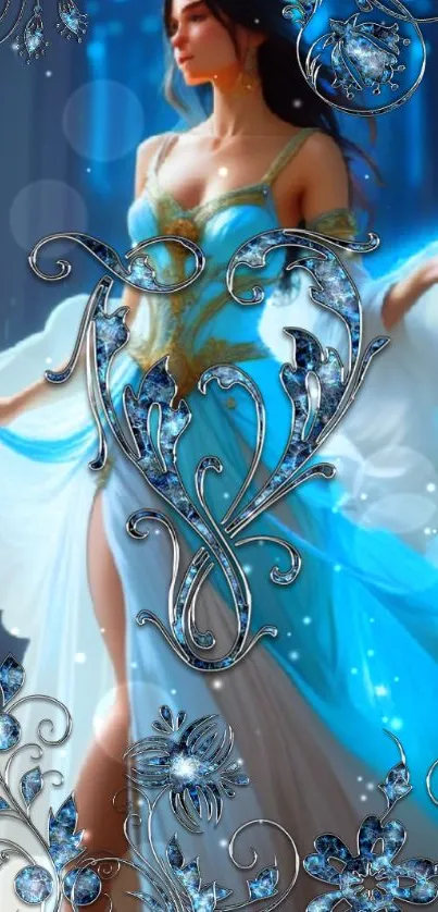 Fantasy blue goddess with silver details on mobile wallpaper.