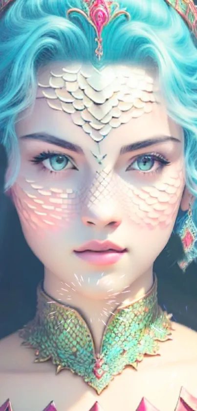 Fantasy art of a blue-haired princess with intricate scales and vibrant details.