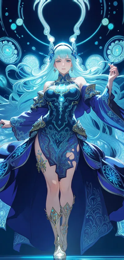 Fantasy blue warrior in intricate robes.