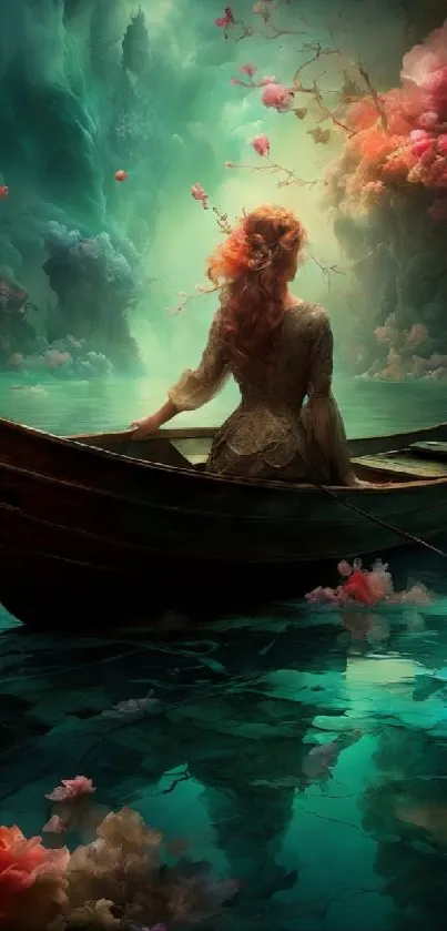 Fantasy wallpaper with boat and flowers on tranquil waters.