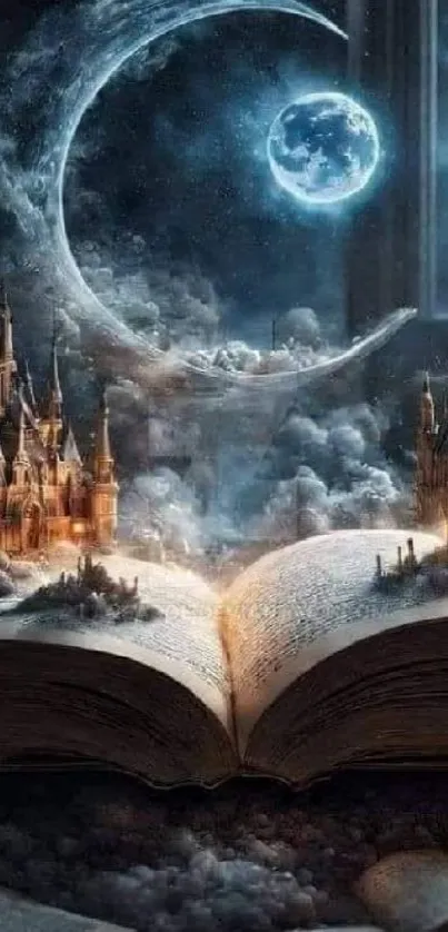 Fantasy wallpaper with open book, castles, and moonlight.