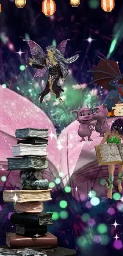 Fantasy wallpaper with books and creatures in dreamlike setting.