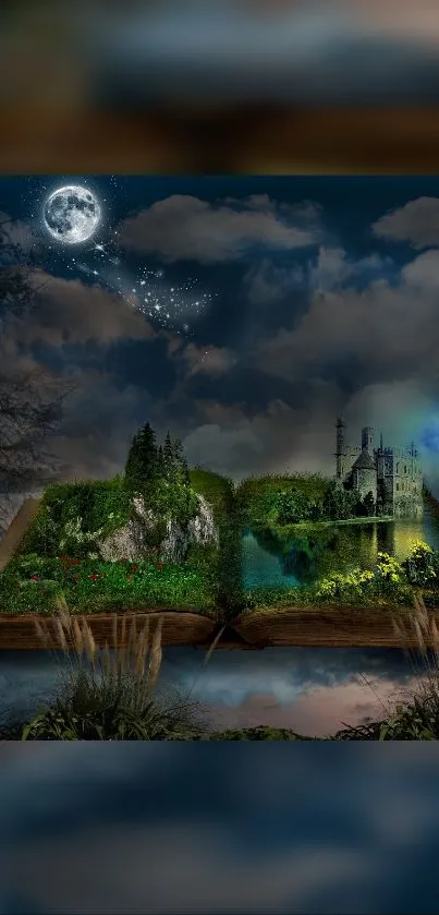 Enchanted book revealing a fantasy landscape with a castle under a starry night sky.