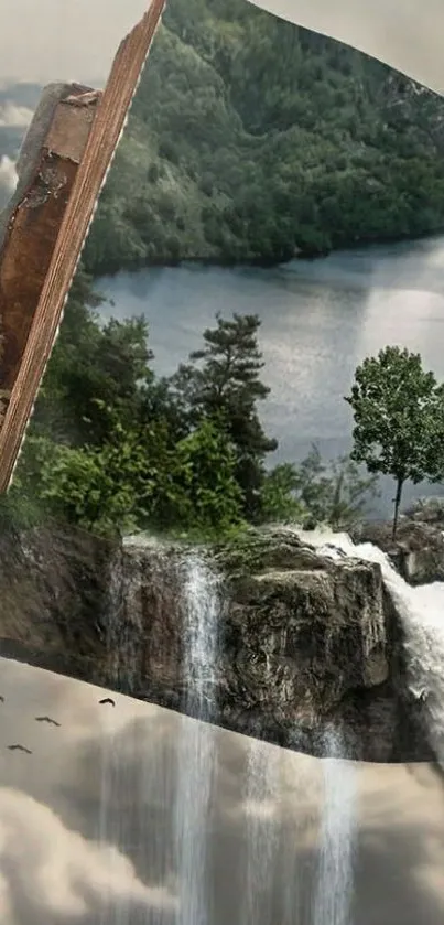 Fantasy book with nature waterfall scene.