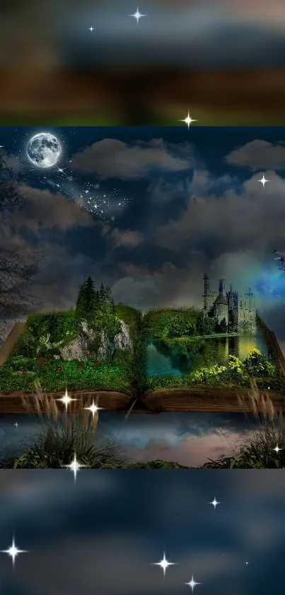 Fantasy landscape emerging from book under a starry night sky wallpaper.