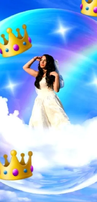 Fantasy art of a woman in a bubble against a cloudy blue sky.