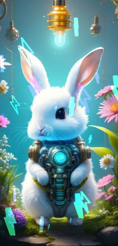 White rabbit with gadget in fantasy floral setting.