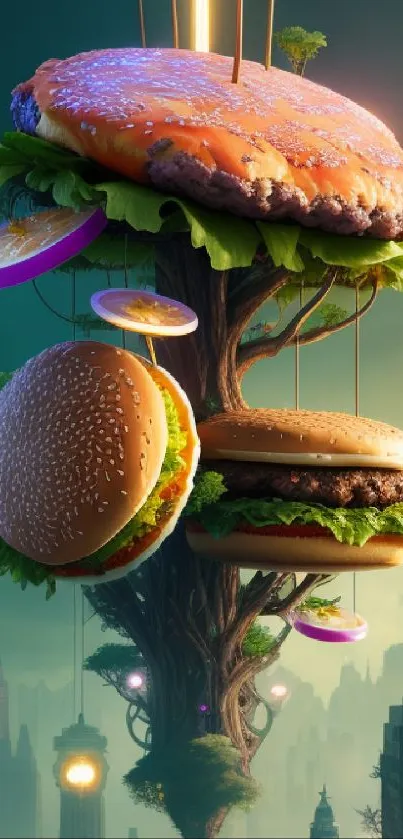 Fantasy burger skyscraper meets city skyline in surreal wallpaper art.