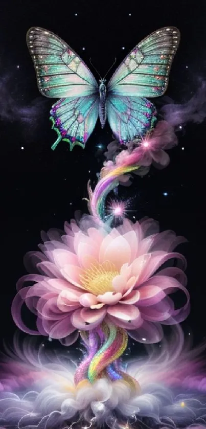 Fantasy artwork featuring a butterfly over a mystical glowing flower.