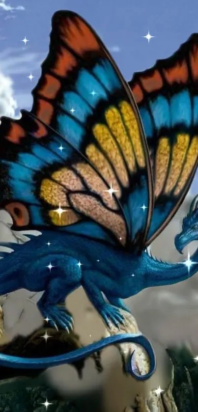 Fantasy dragon with butterfly wings and vibrant colors.