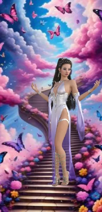 Fantasy landscape with butterflies and a mystical figure on pastel stairs.