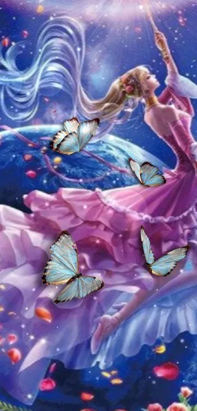 Elegant woman in pink dress with butterflies in a cosmic fantasy landscape.