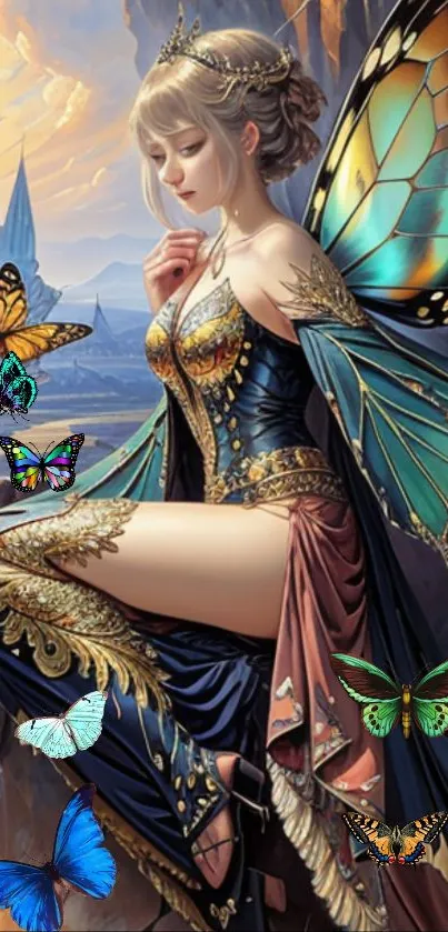 Fantasy fairy with butterfly wings in vibrant artwork.