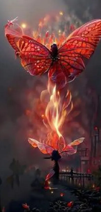 Mystical wallpaper with fiery, glowing butterflies against a dark, mysterious background.