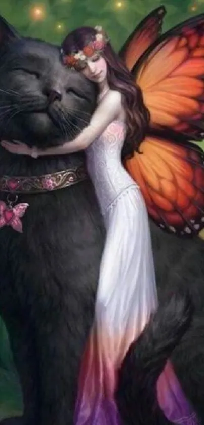 Fantasy girl with butterfly wings embracing a black cat in enchanted art scene.