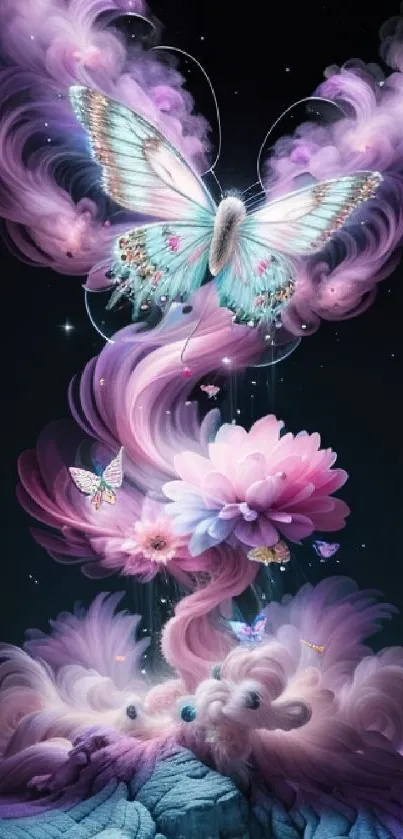 Fantasy butterfly with purple flowers wallpaper.