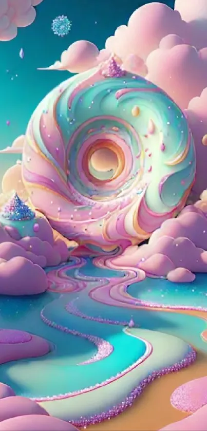 Whimsical candyland with pastel clouds and surreal donut vortex.