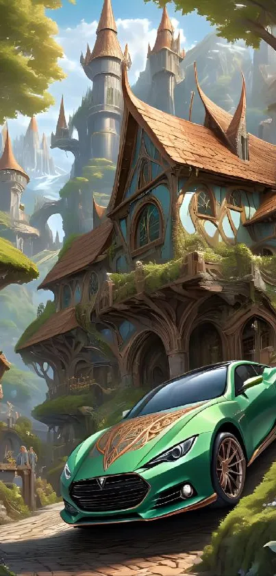 Fantasy car parked near a magical castle in a mystical forest landscape.