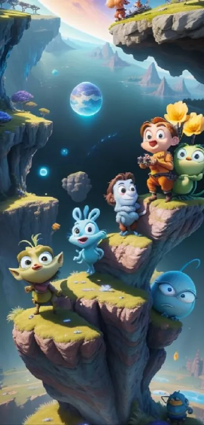 Fantasy cartoon wallpaper with cute characters on floating islands.