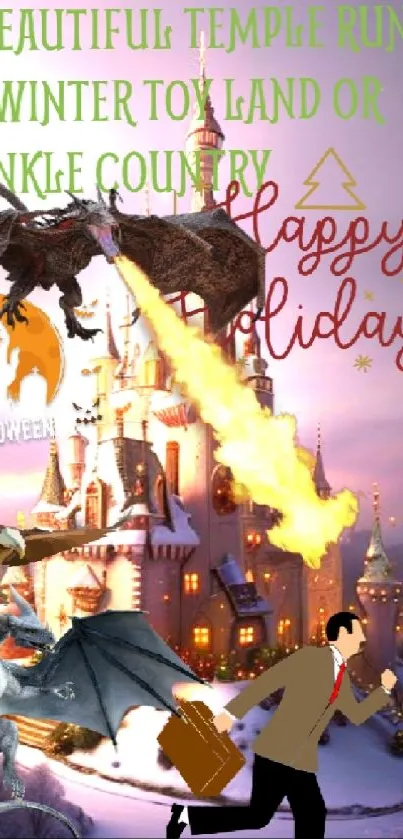 Fantasy castle with dragons and holiday theme.