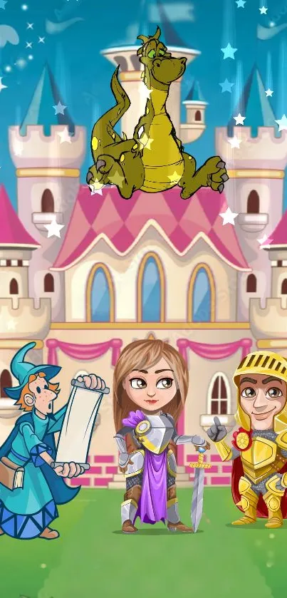 Fantasy wallpaper with castle, dragon, knight, and wizard.