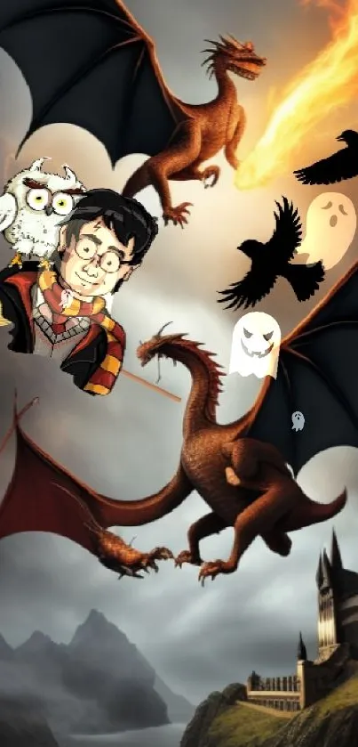 Fantasy mobile wallpaper with dragons, a castle, and a wizard.