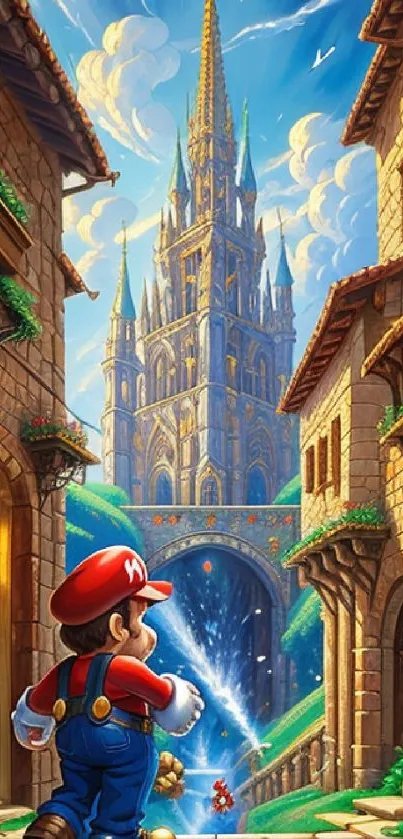 Fantasy castle with character in vibrant mobile wallpaper.