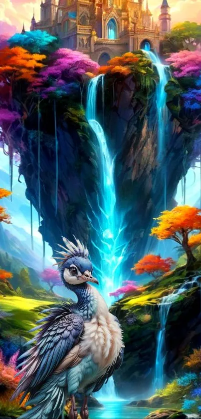 Fantasy wallpaper with castle, bird, and waterfall cascading through a vivid landscape.