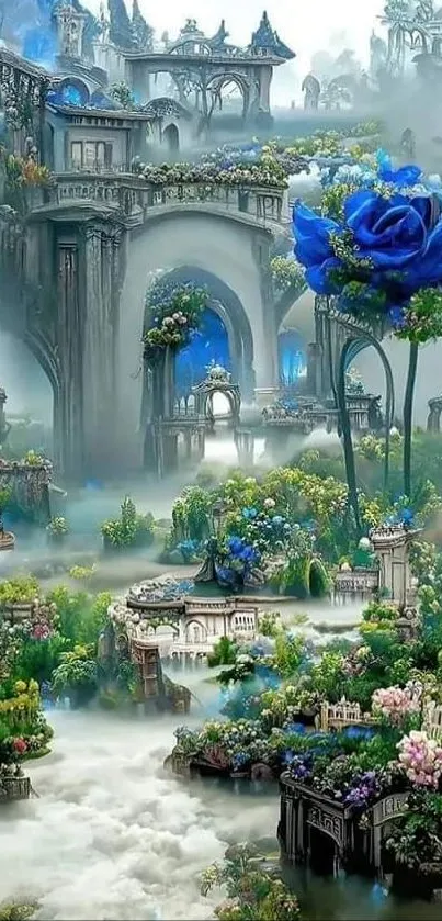 Fantasy castle with a giant blue rose, surrounded by lush greenery.