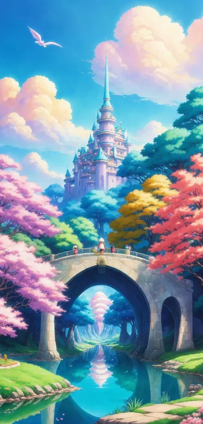 Fantasy castle and bridge with colorful trees and sky.