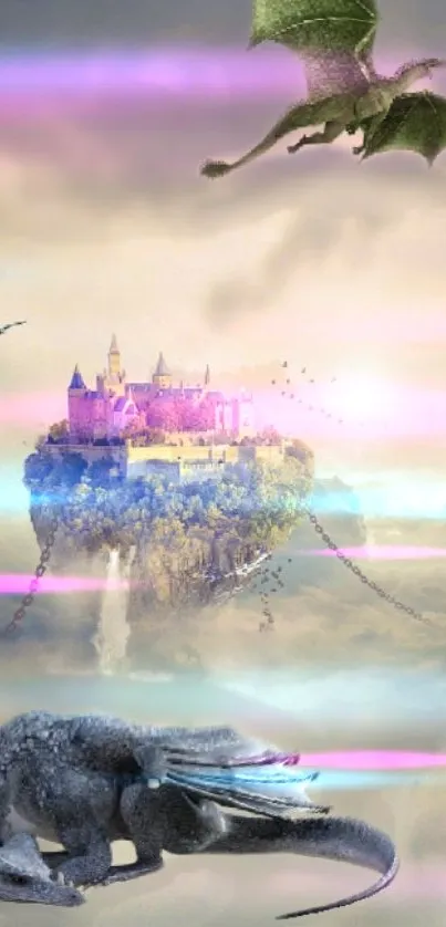 Mobile wallpaper of a floating castle with dragons in a colorful, magical sky.