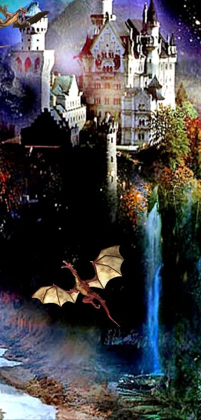 Fantasy wallpaper with dragons and a castle at night.