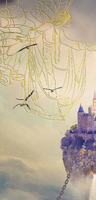 Fantasy wallpaper with golden fairy and floating castle.