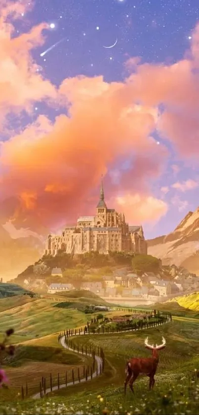 Fantasy castle with vibrant orange skies and lush landscape.