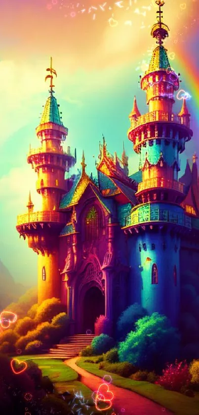 Enchanting fantasy castle with rainbow and lush greenery, perfect for mobile wallpaper.