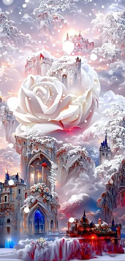 Majestic snowy castle with giant white rose.