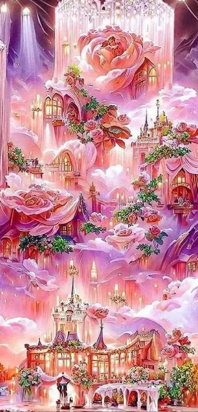 Fantasy castle with roses in vibrant pink hues and magical lighting.