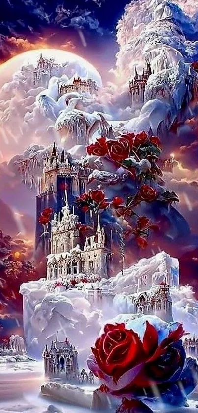 Fantasy castle with red roses under a moonlit sky.