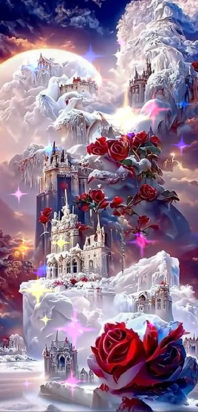 Fantasy castle with roses under a mystical sky